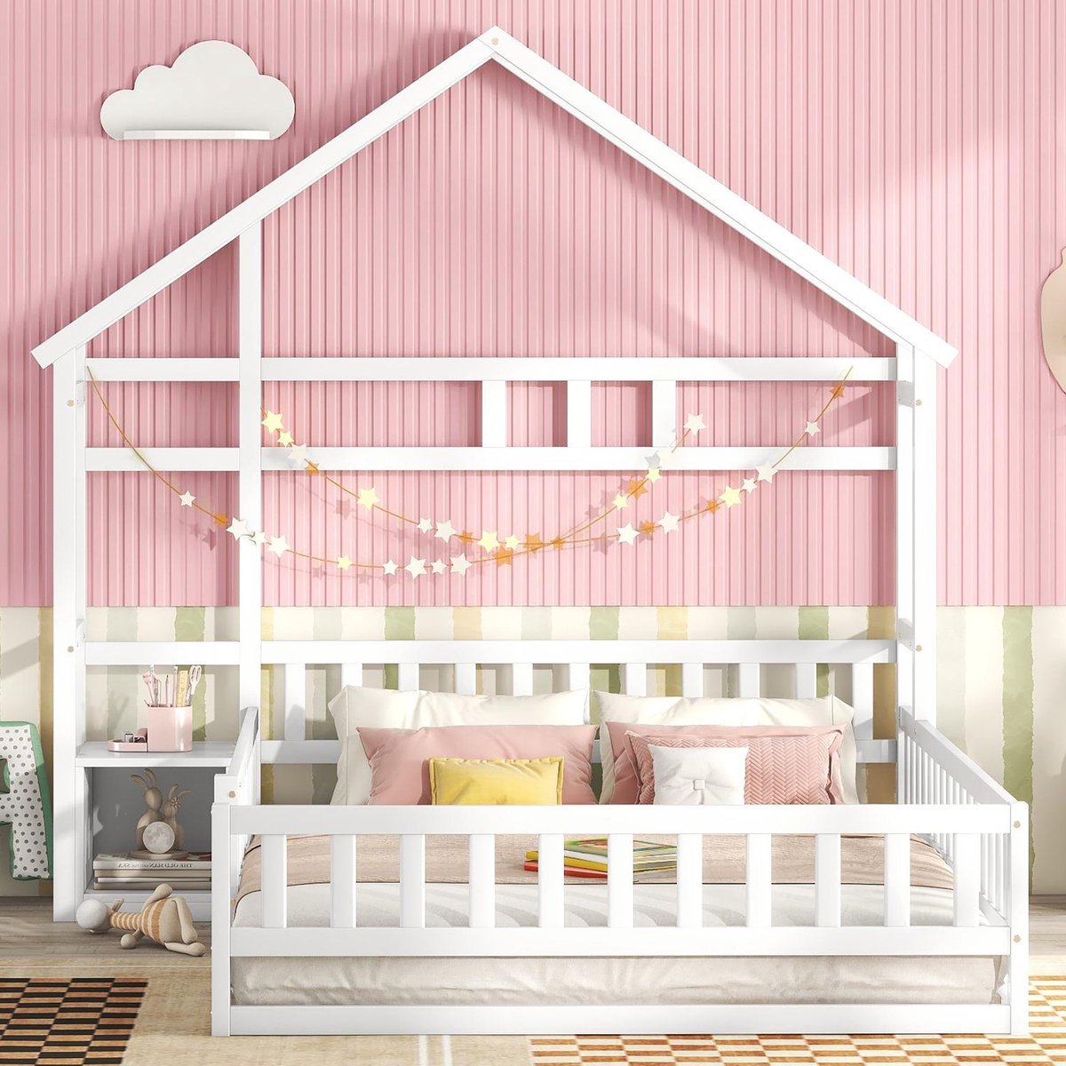 DESMIU Kinderbed 140x200 cm – Huisbed met Veiligheidshek – Met Nachtkastje en Lage Instap – Zonder Matras – Voor Kinderkamer – Massief Grenenhout – Wit