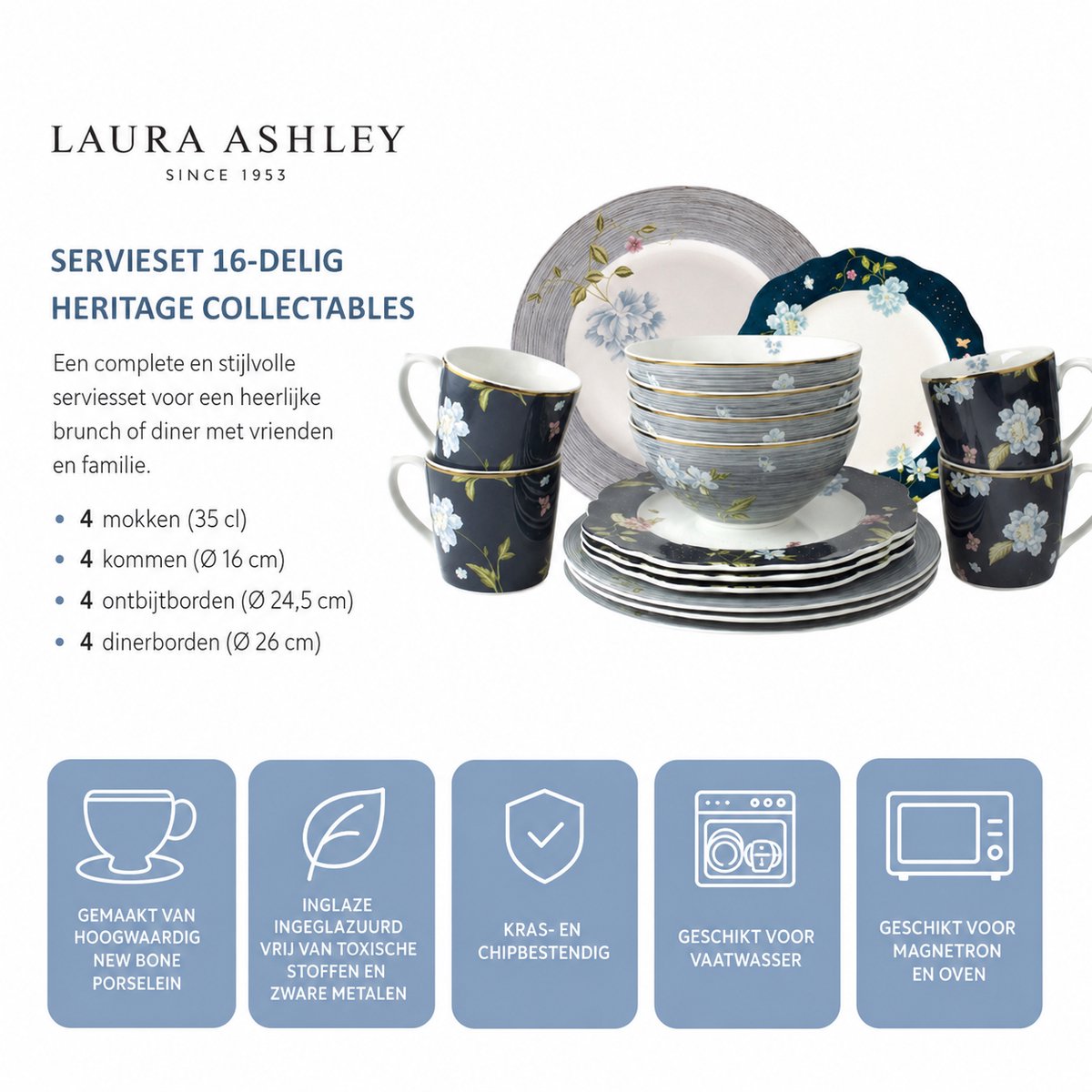 Laura Ashley Heritage Collectables Serviesset - Servies 4 persoons - 16 Delig