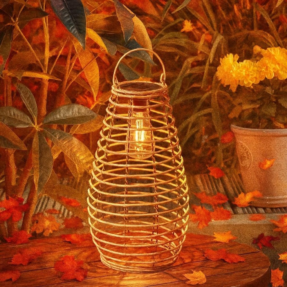 Solar Lantaarn - Buitenlamp Rotan - Tuin Verlichten - Automatisch Aan - 38cm Hoog - Natuur