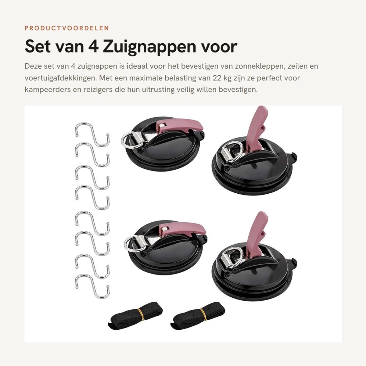 Dailygoods- Zuignappen Set van 4 - Max. 22 kg - Voor Zonneklep/Zonnezeil - D-ring/S-haak - Eenvoudige Installatie - Geschikt voor Kampeerders - Zuignapset