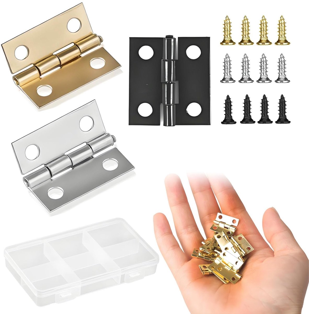 Dailygoods- Scharnieren 60-delige set - Kleine scharnieren - Mini-scharnierset - Gouden/Zilveren/Zwarte scharnieren - Inclusief 300 schroeven - Robuuste metaalverwerking