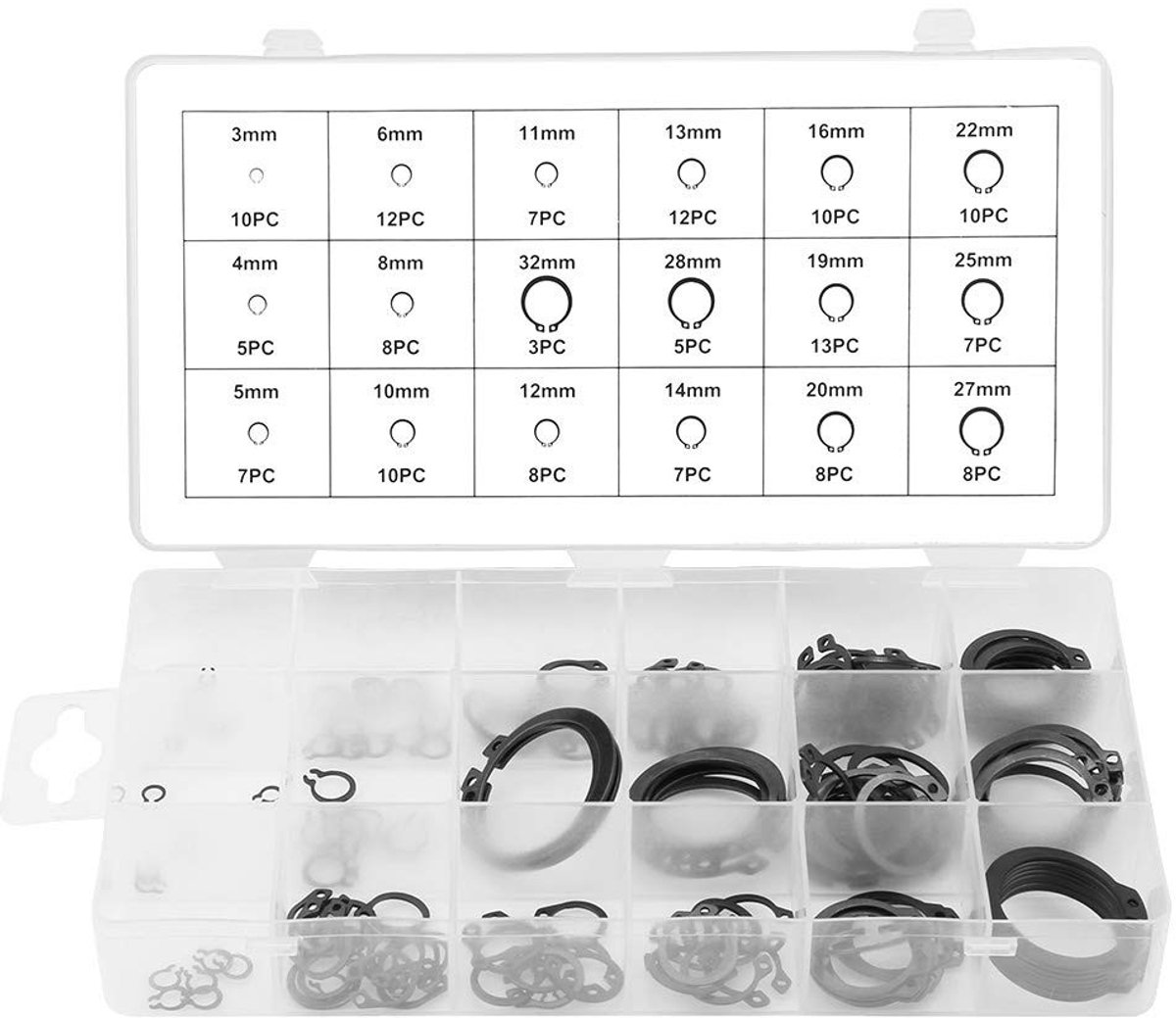 Dailygoods- Borgring Assortiment 150 Stuks - Interne/Externe Borgringen - 18 Maten - Hoogwaardig Metaal - Duurzaam en Draagbaar - Hersluitbare Doos - Snapring