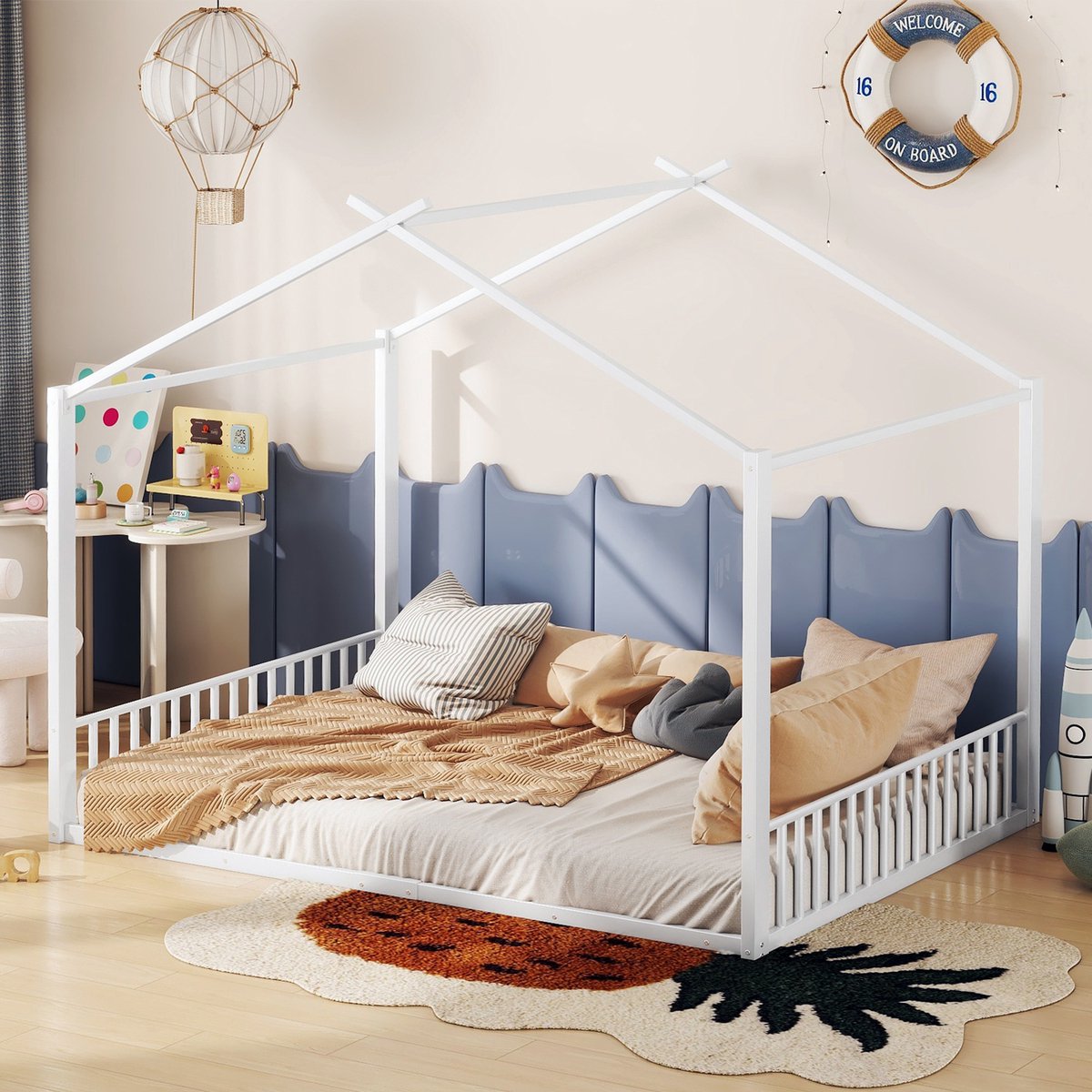 DESMIU Huisbed 140x200cm - Kinderbed Van Metaal Met Stevig Raam - Zonder Matras - Speelse Huisvorm Voor Kinderkamer - Wit