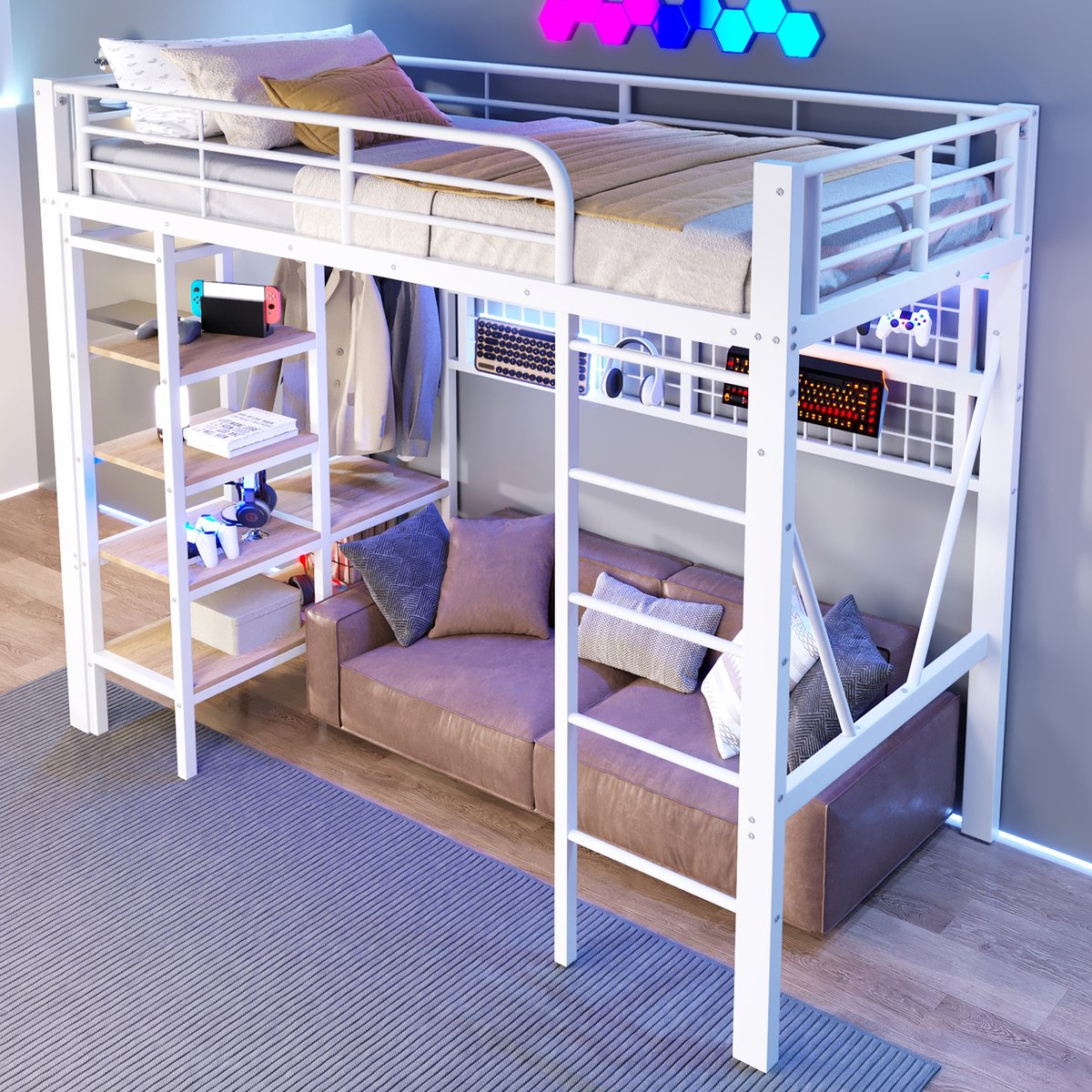 DESMIU Hoogslaper 90x200cm - Met Verstelbare Ledverlichting - Opbergrek, Hangnet En Kledingstang - Voor Jeugd- En Slaapkamer - Metaal En MDF - Wit - Zonder Matras