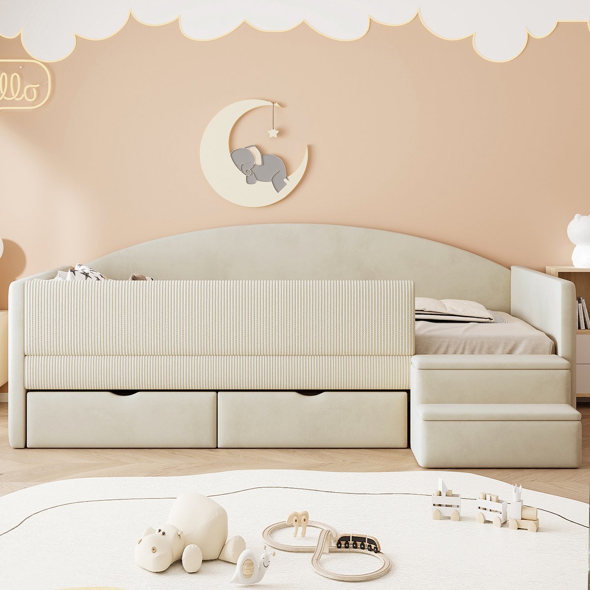 DESMIU Gestoffeerd Kinderbed Fluweel - 2 Lades Met Trap Veiligheidsbrug - Slaapkamer - 90x190 cm - Beige - Zonder Matras