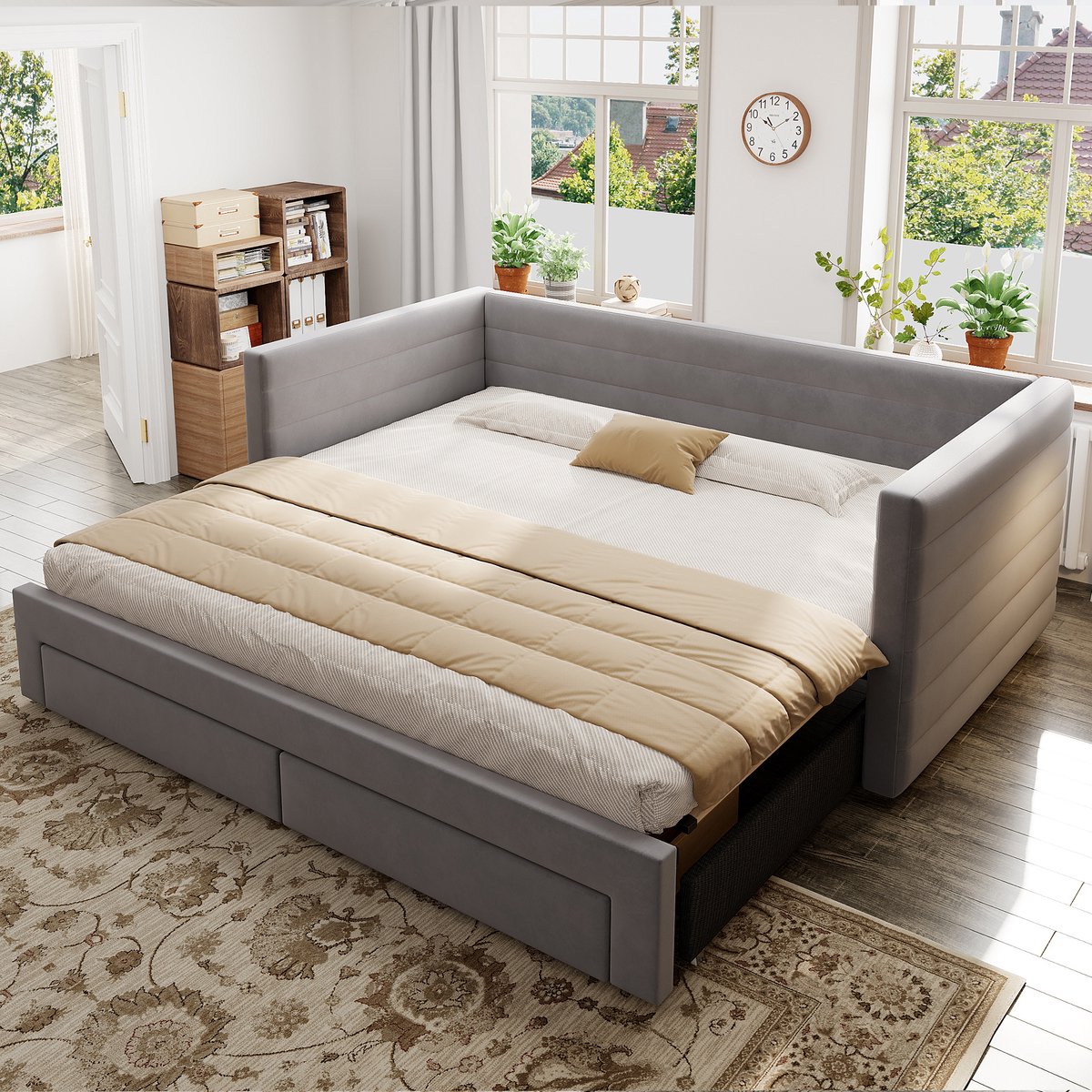 DESMIU Gestoffeerd Bed 90 x 190 cm – 3-in-1 Slaapbank Met Uittrekmechanisme – 2 Lades – Voor Logeerkamer En Kleine Ruimtes – Katoen-Linnen – Grijs – Zonder Matras