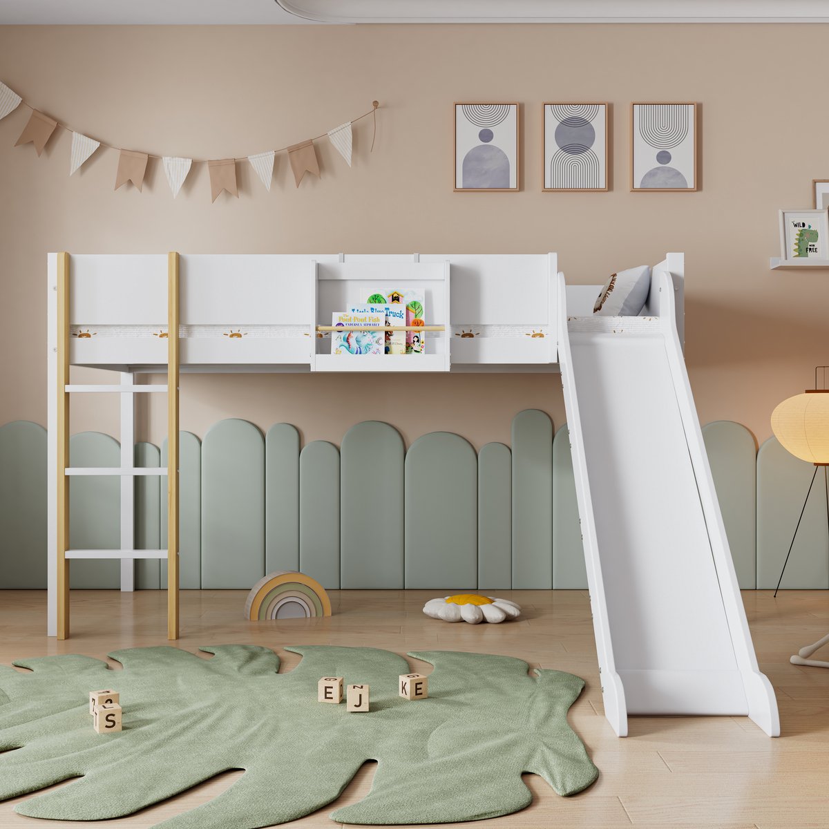 DESMIU Hoogslaper 90x200 cm – Met Glijbaan En Rechte Ladder – Afneembare Opbergplank – Zonder Matras – Voor Kinderkamer – Hout – Wit Wit, Natuur