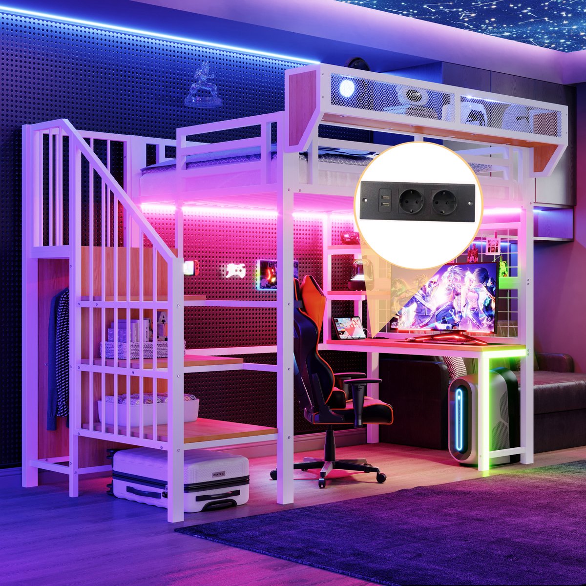 DESMIU Metalen Hoogslaper 90x200 cm – Hoogslaper met Bureau, Legplanken en Opbergnetten – Voor Jeugd, Slaapkamer en Werkplek – Wit – Zonder matras