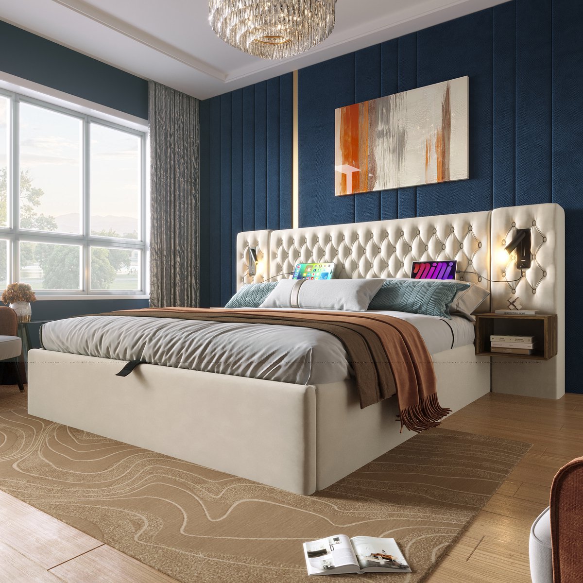 DESMIU Gestoffeerd Bed 160x200cm – Retro Slaapkamerbed Met Hydraulische Opbergruimte – Hoofdbord Met Leeslamp En Oplaadfunctie – Met Twee Nachtkastjes – Fluweel – Beige – Zonder Matras