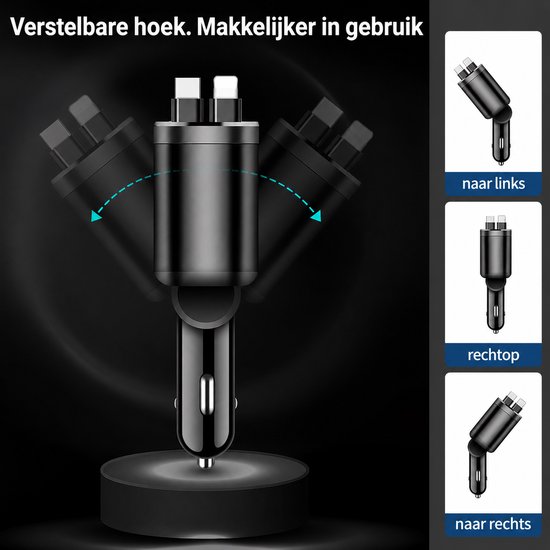 Zwarte auto-oplader met verstelbare hoek en drie weergaven: naar links, rechtop, naar rechts. Tekst: Verstelbare hoek. Makkelijker in gebruik.