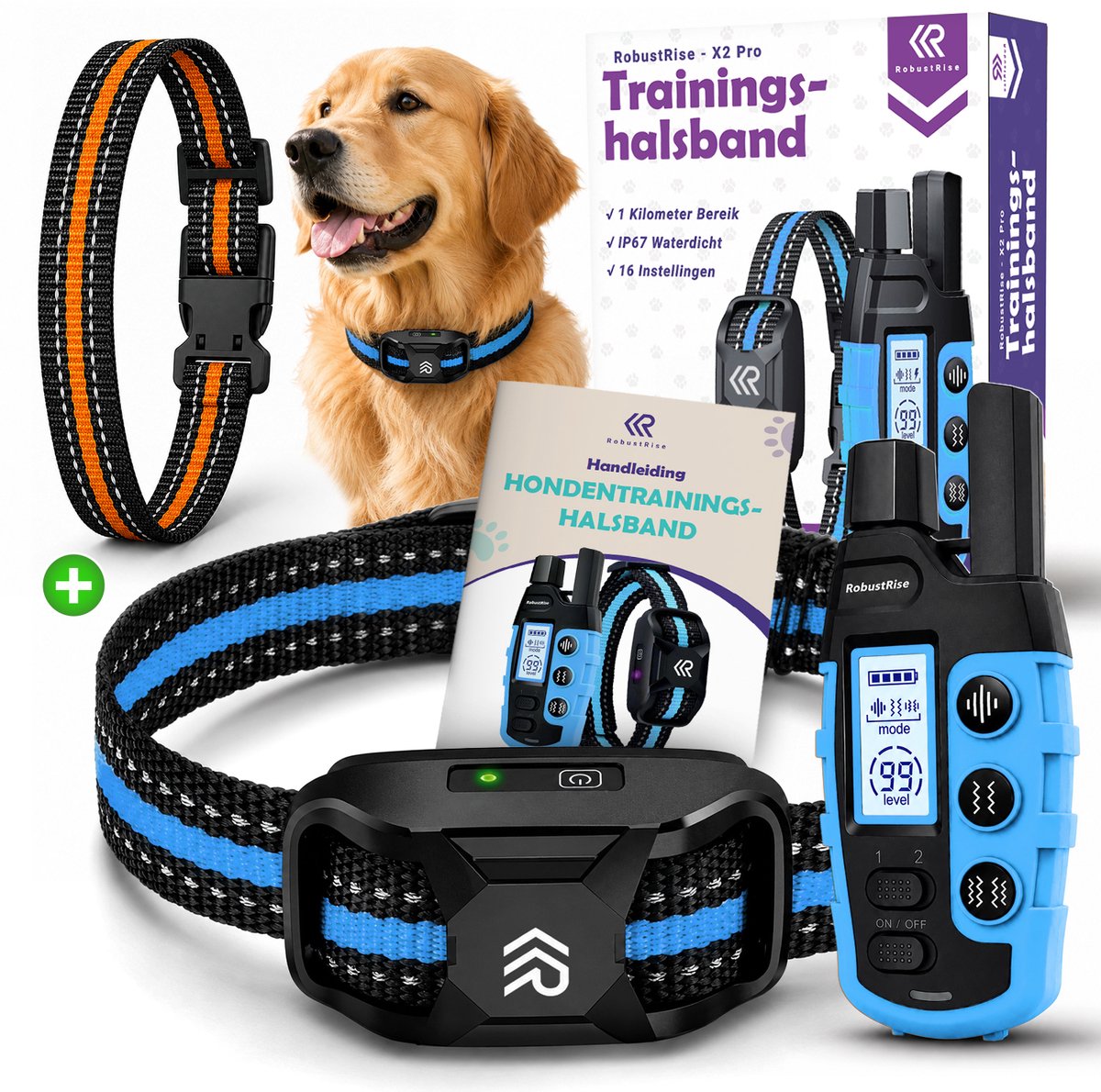 RobustRise X2 Pro - Anti Blafband voor Honden - Trainingshalsband voor Kleine en Grote Honden - Blafband met Geluid en Vibratie - Waterdicht - Blafstop Halsband - Hondentrainer - Anti blaf apparaat zonder schok - Incl. extra halsband