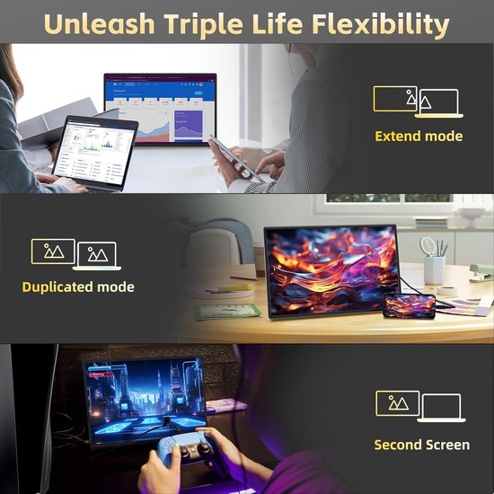 Draagbare monitor - Extern scherm - Multitasken op reis - 16 inch 1200P FHD - Ultraslank lichtgewicht - Zwart — afbeelding 2