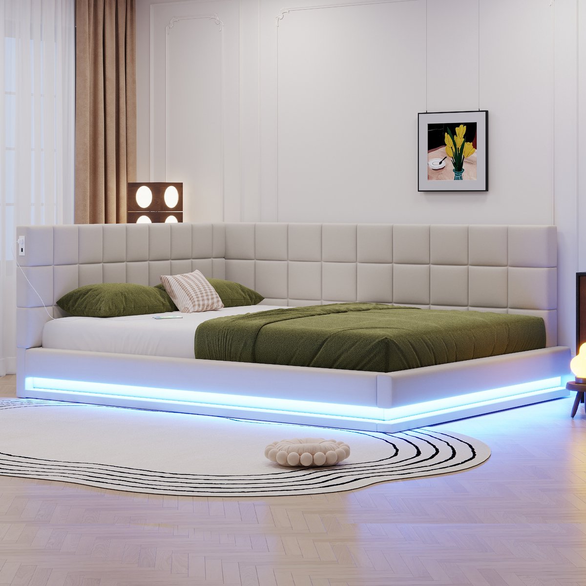 DESMIU Gestoffeerde Slaapbank 160x200 cm – Met LED En USB – Uitklapbaar Bed Met Lattenbodem – Voor Logeerkamer Of Woonkamer – Linnen – Beige – Zonder Matras