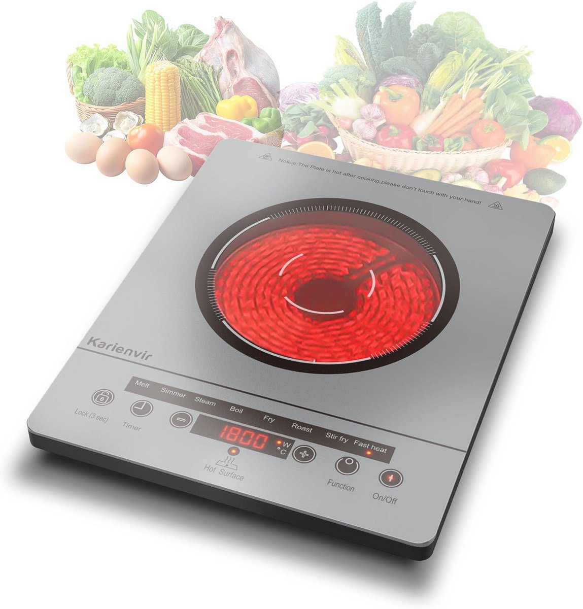 Keramische kookplaat - 1 pits fornuis - Compact koken - Met timer - 36 cm breed - Zilverkleurig