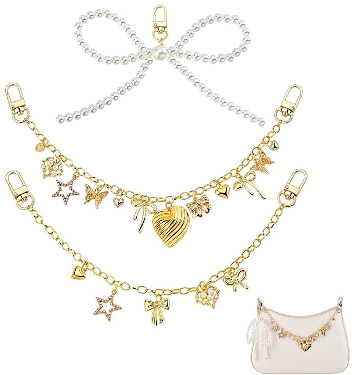 Dailygoods - Gouden Tas & Portemonnee Charms met Parel Sleutelhanger - 2 Stuks