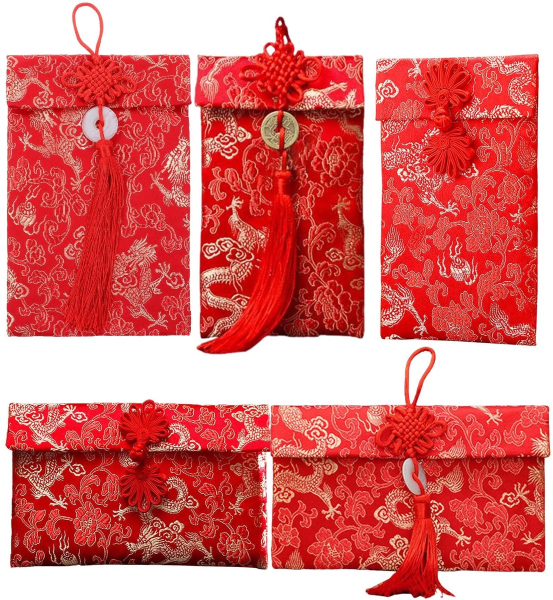 Dailygoods- Rode Enveloppen - Chinese Zijde met Borduurwerk - 5 Stuks/5 Stijlen - Nieuwjaar/Zakjes - Lentefeest/Bruiloft - Hoogwaardig Brokaat - Geldzakjes