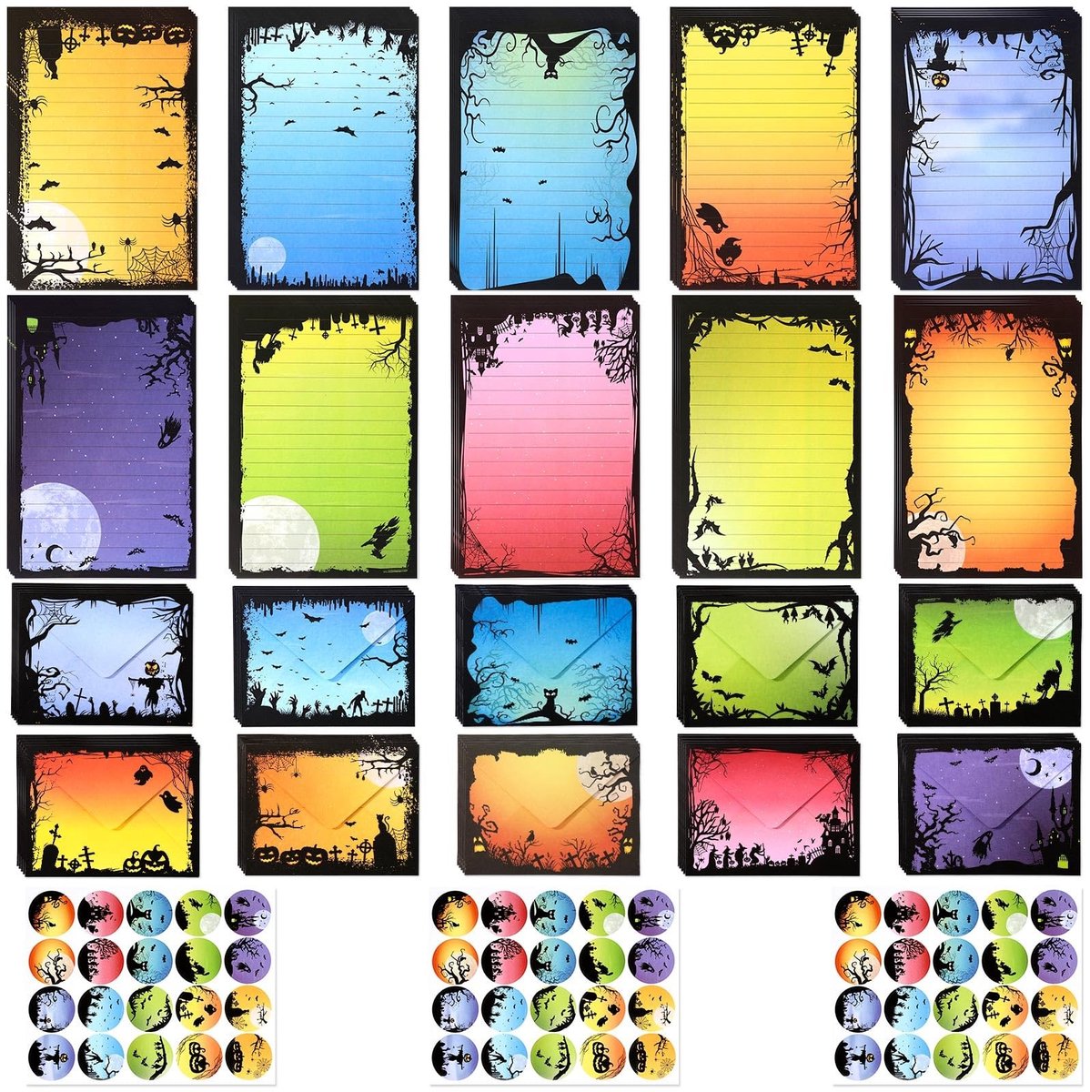 Dailygoods- Wenskaarten Set - 50 Stuks Kleurrijke Wenskaarten - Halloween Enveloppen - Stickers - Briefpapier - 14,5x11cm Enveloppen - Feestkaarten