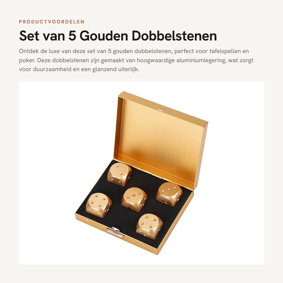 Dailygoods- Dobbelstenen Set - 5 Stuks Gouden Aluminiumlegering - Opbergdoos - Roestbestendig - Luxe Afwerking - Lichtgewicht en Duurzaam - Speelgoed Dobbelstenen