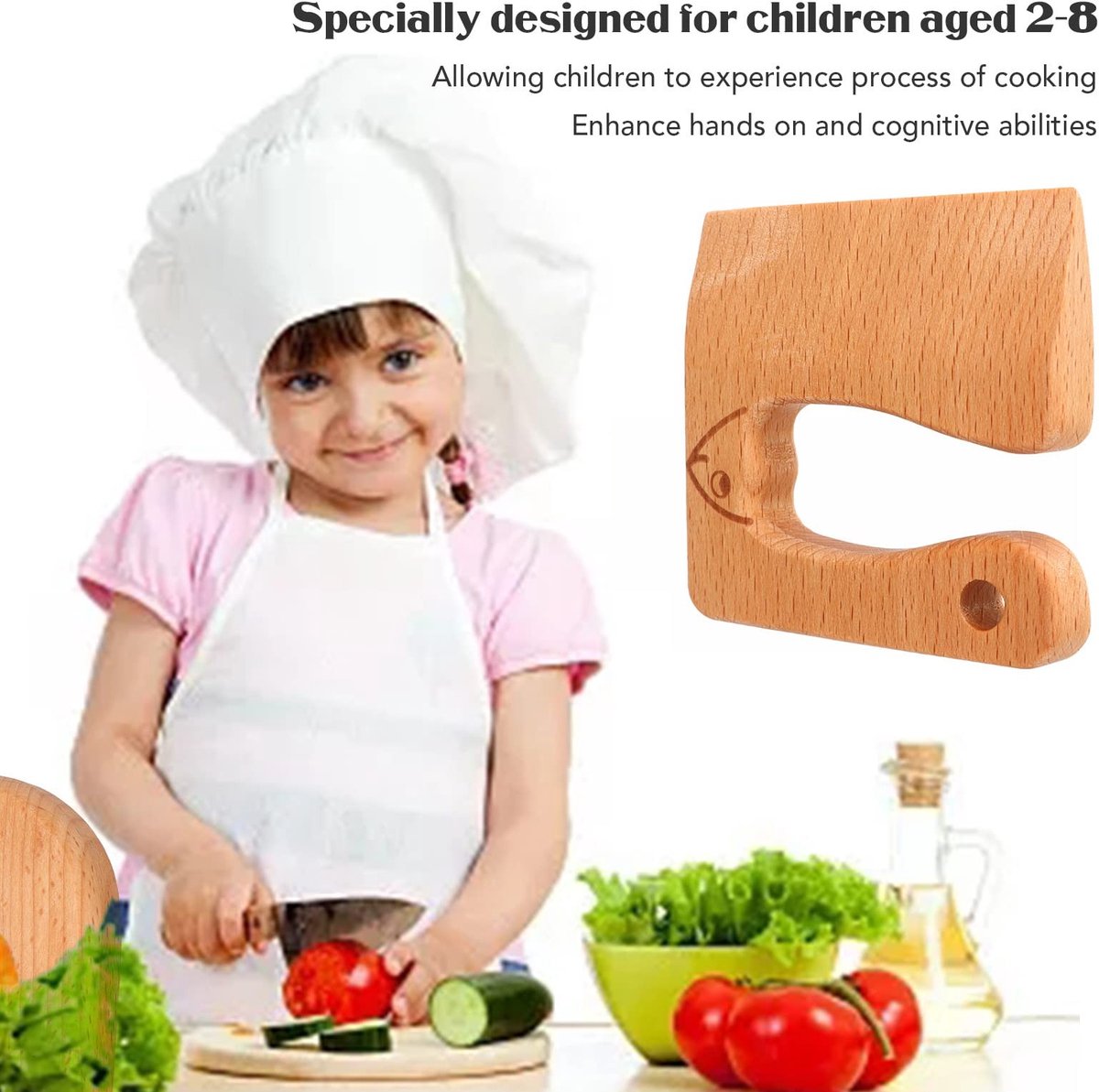 Dailygoods- Keukenmessen Ergonomisch - Houten Snijders - Veilig voor Kinderen - Geschikt voor Groenten en Fruit - Natuurlijk Beukenhout - Verbeter Cognitieve Vaardigheden - Speelgoedmes