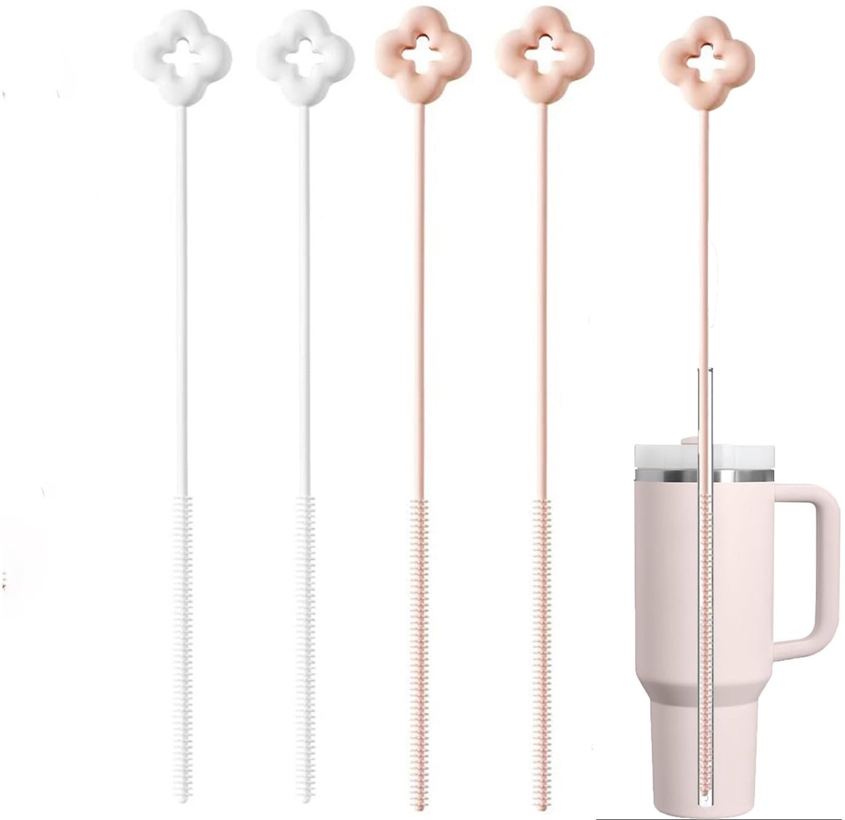 Dailygoods- Rietjesborstels Set van 4 - Lange Reinigingsborstel 23,8 cm - Roze/Wit - Slangborstel - Creatief Bloemendesign - Veelzijdige Toepassing - Reinigingsborstels