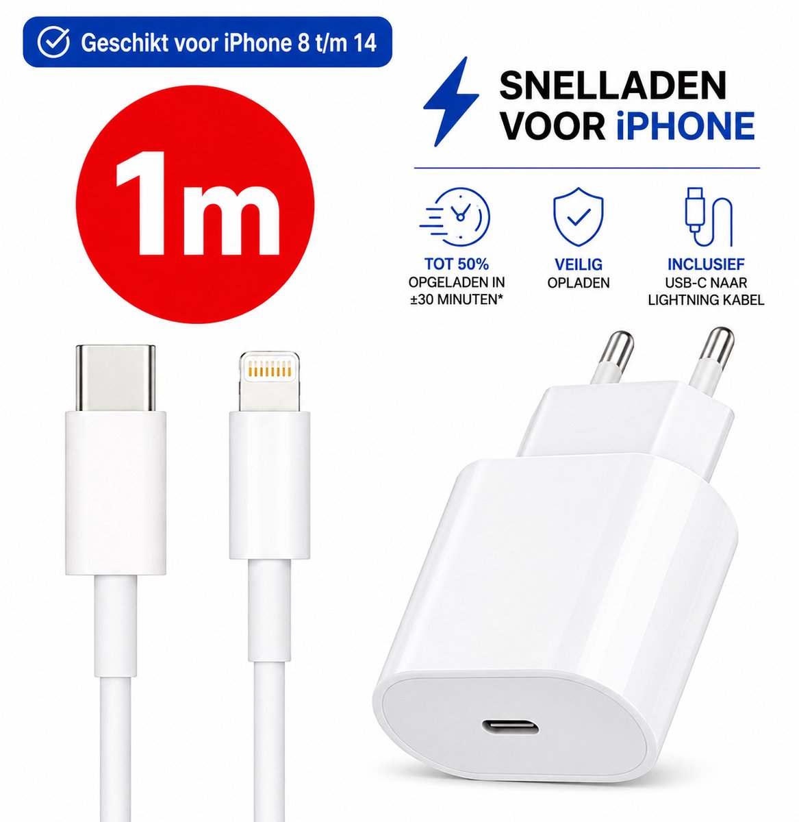 Apple iPhone USB-C Snellader + USB-C naar Lightning Kabel – Geschikt voor iPhone t/m 14 – Power Delivery Adapter