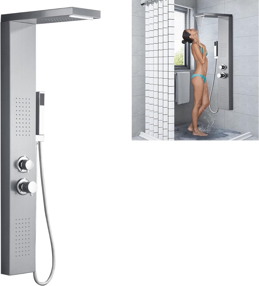 QUOVO® Douchepaneel met Thermostaatkraan - Douchepaneel - Regendouche met Thermostaatkraan - Zilver - 47cm x 20cm x 115cm