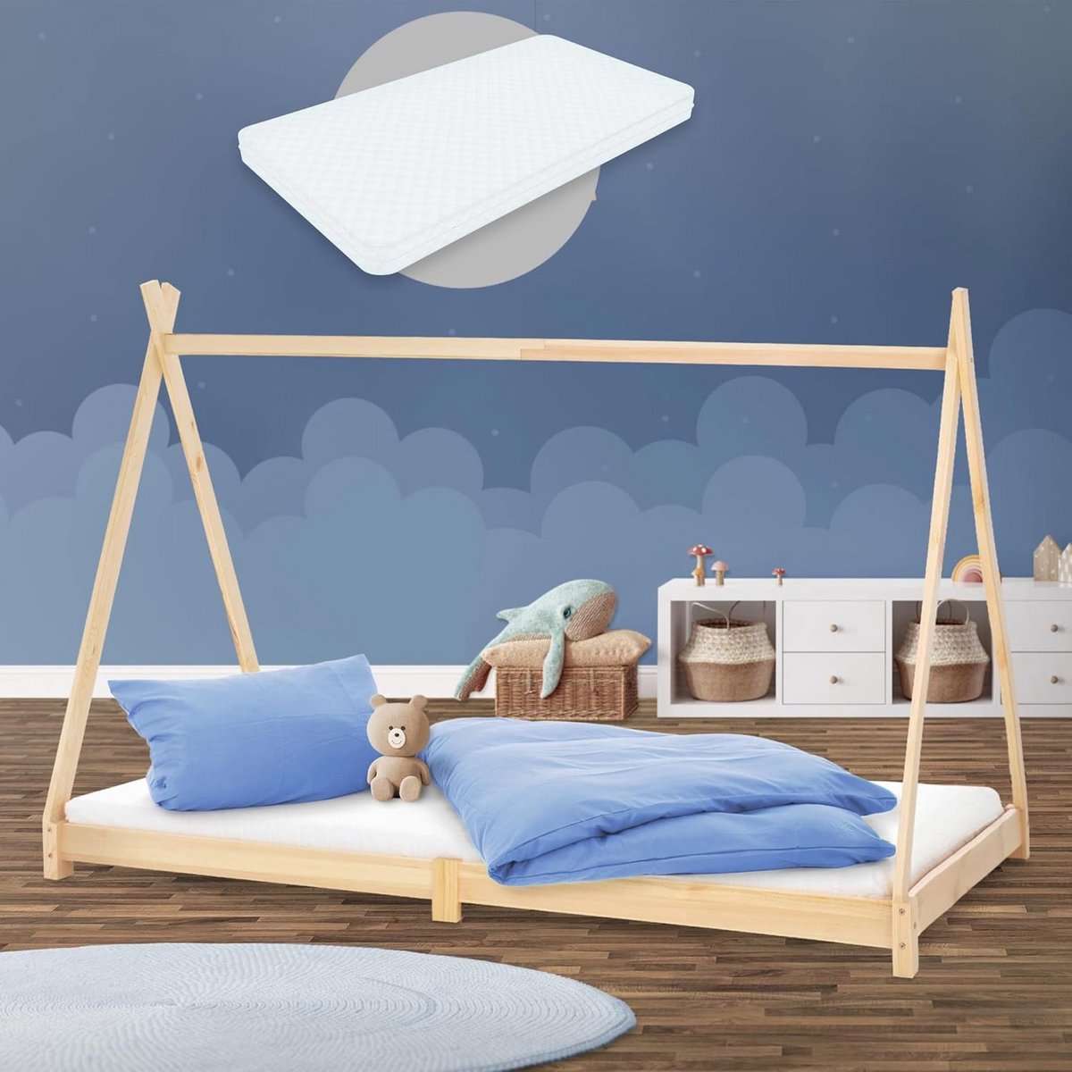 Kinderbed huisje - Tipi bed - Spelen en slapen - Massief houten frame - 90x200 cm - Naturel