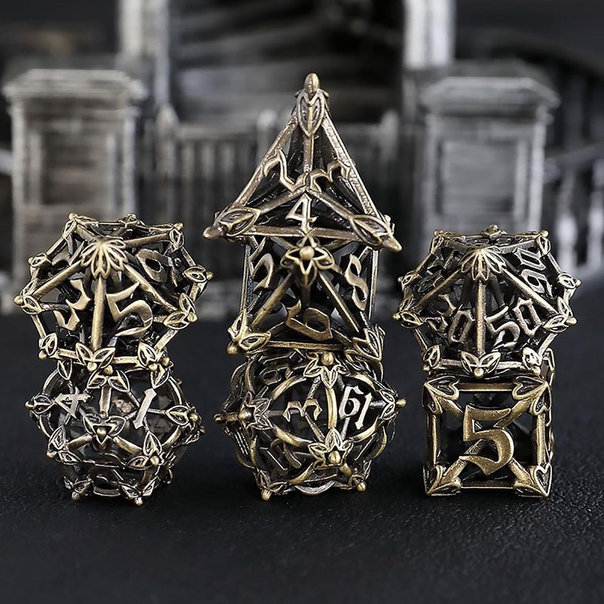 Metalen Dobbelstenen Set - Polyhedrale Kubussen - Tabletop Gaming - Hol Bronzen Bloem Design - 7 Stuks - Brons
