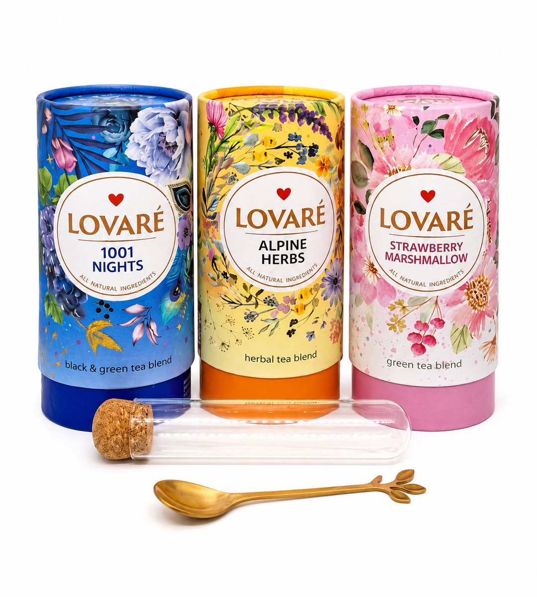 Luxe Lovaré Thee Cadeauset – 3 Premium Theesoorten met Gouden Theelepel & Glazen Thee-Infuser