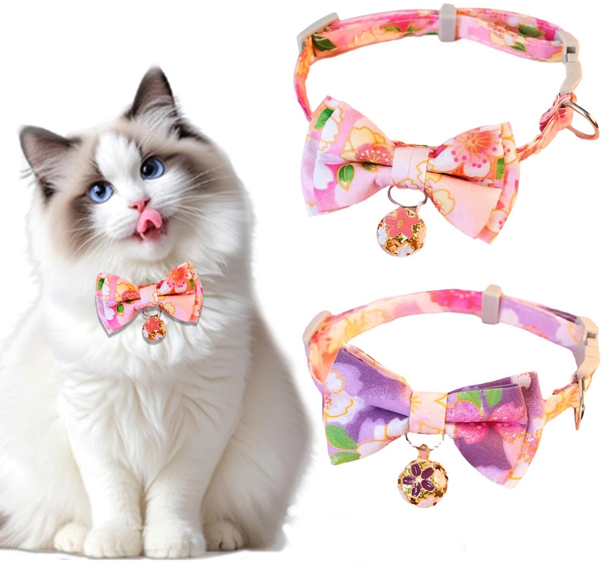Set van 2 Verstelbare Kattenhalsbandjes met Veiligheidsgesp en Belletje