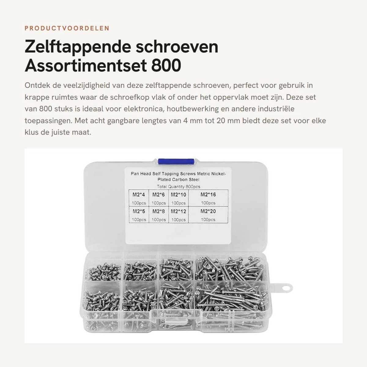 Dailygoods - Zelftappende schroeven - Assortimentset 800 stks - Ideaal voor elektronica - Multifunctionele schroeven - Geschikt voor diverse materialen