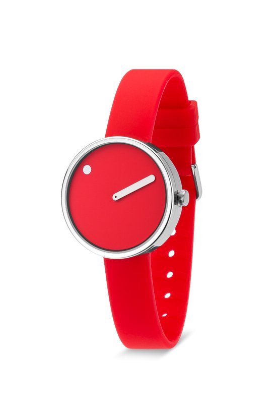 Schuine weergave van een rood horloge met ronde wijzerplaat, zilverkleurige kast en rode band.