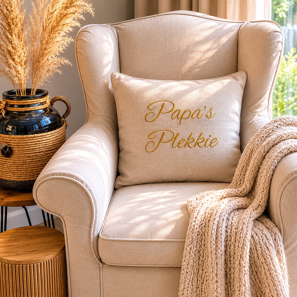 Maison Marcella Sierkussen Kussen met tekst bedrukt cadeau voor man papa | papa’s plekkie beige met opdruk goud met vulling | 50x50 cm | vaderdag verjaardag feestdagen sinterklaas kerstmis voor de liefste aanstaande vader zwangerschap aankondiging bekendmaking