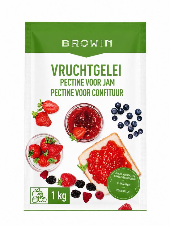 Verpakking Browin Vruchtgelei Pectine met aardbeien, bosbessen en frambozen.