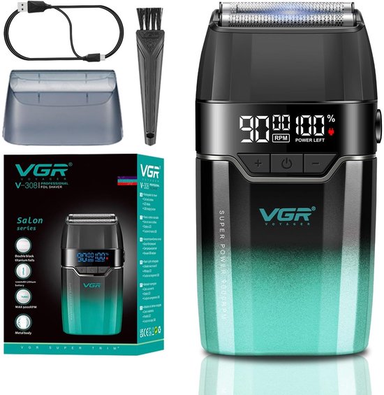 Rasoir VGR V-308i avec boîtier noir et dégradé vert-noir. Comprend un câble USB-C, un capot de protection et une brosse.