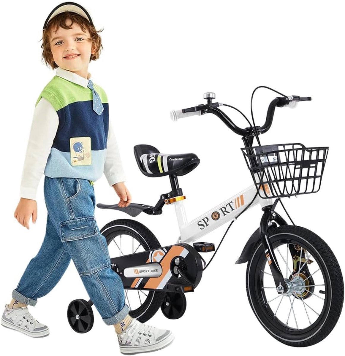 Kinderfiets met mand - Jongens en meisjesfiets - Leren fietsen - Veiligheidskenmerken - 12 tot 18 inch - Wit