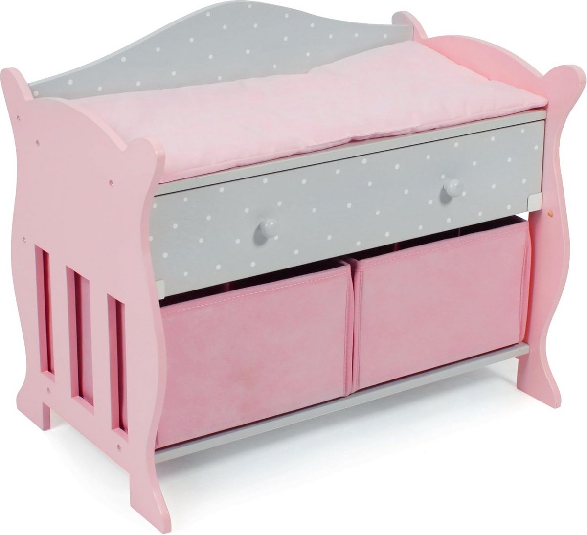 Poppen commode - Poppen meubel - Poppen verzorgen - Inclusief aankleedkussen - 51 x 32 x 43 cm - Grijs stippen