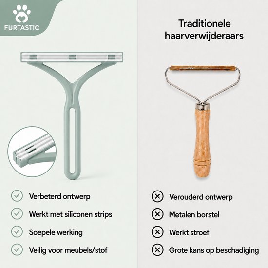 Comparaison d'un dépilateur vert clair au design amélioré avec un enleveur de poils traditionnel.