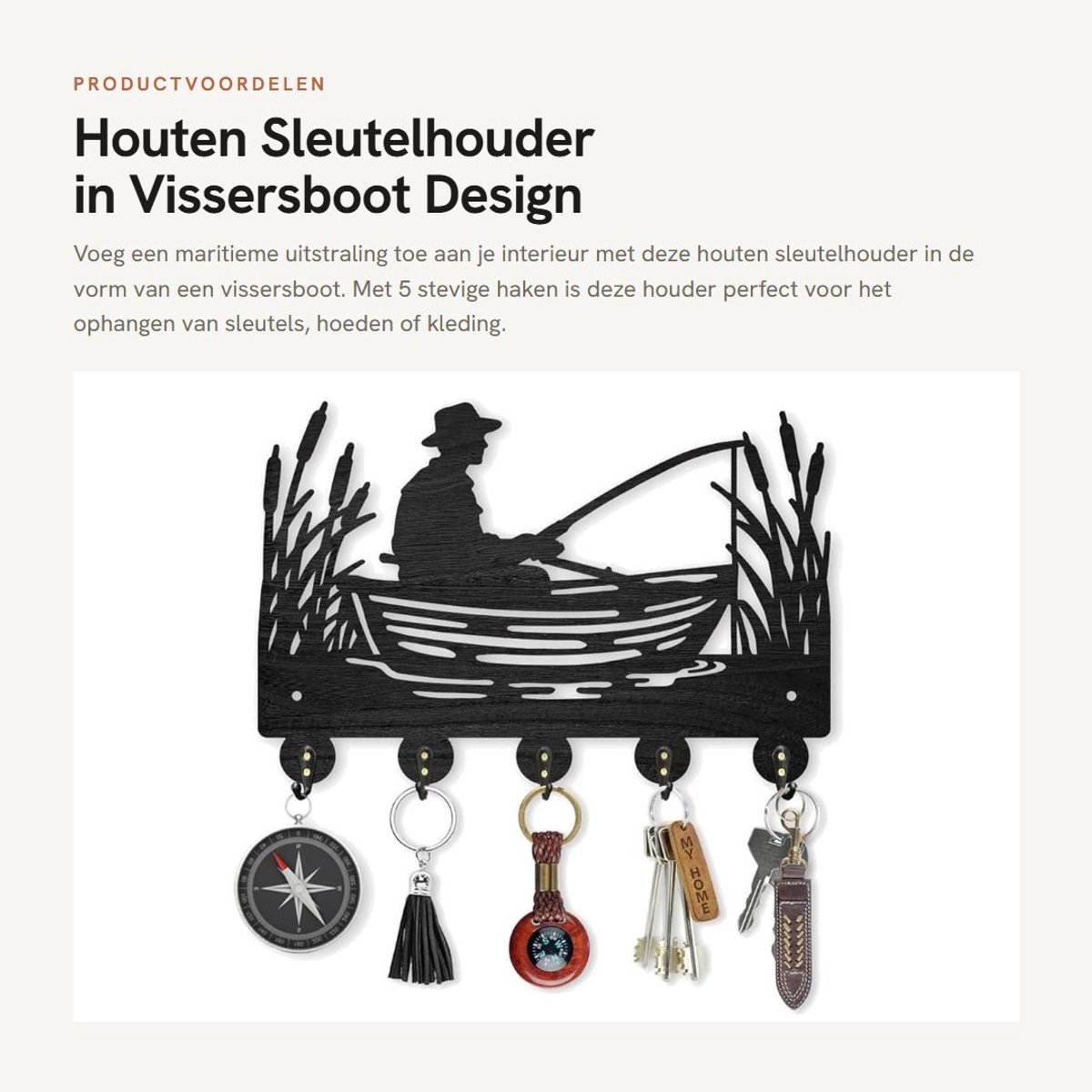 Dailygoods- Sleutelhouder Houten Vissersboot - Muurbeugel - 5 Haken - Zwart - 30 x 20 cm - Maritiem Design - Haakjes