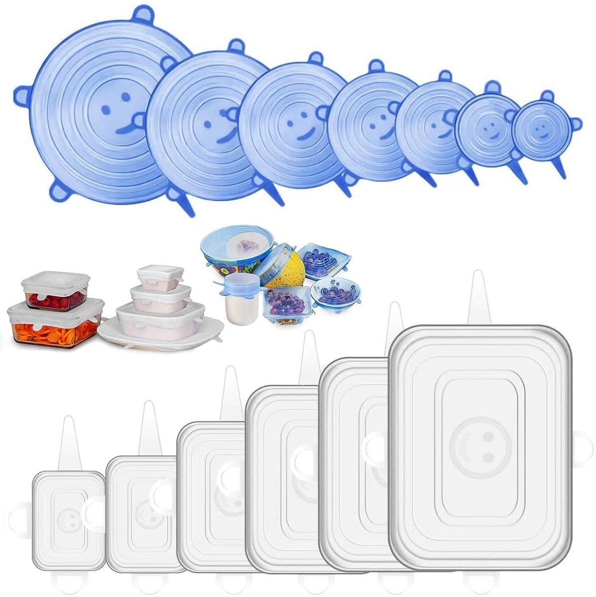 Dailygoods- Siliconen Dekselset 12 Stuks - Herbruikbare Rekbare Hoezen - Voedselveilige Containerdeksels - Geschikt voor Kommen/Kopjes/Blikjes - Morspreventie en Versheid - Milieuvriendelijk en BPA-vrij - Voedseldeksels