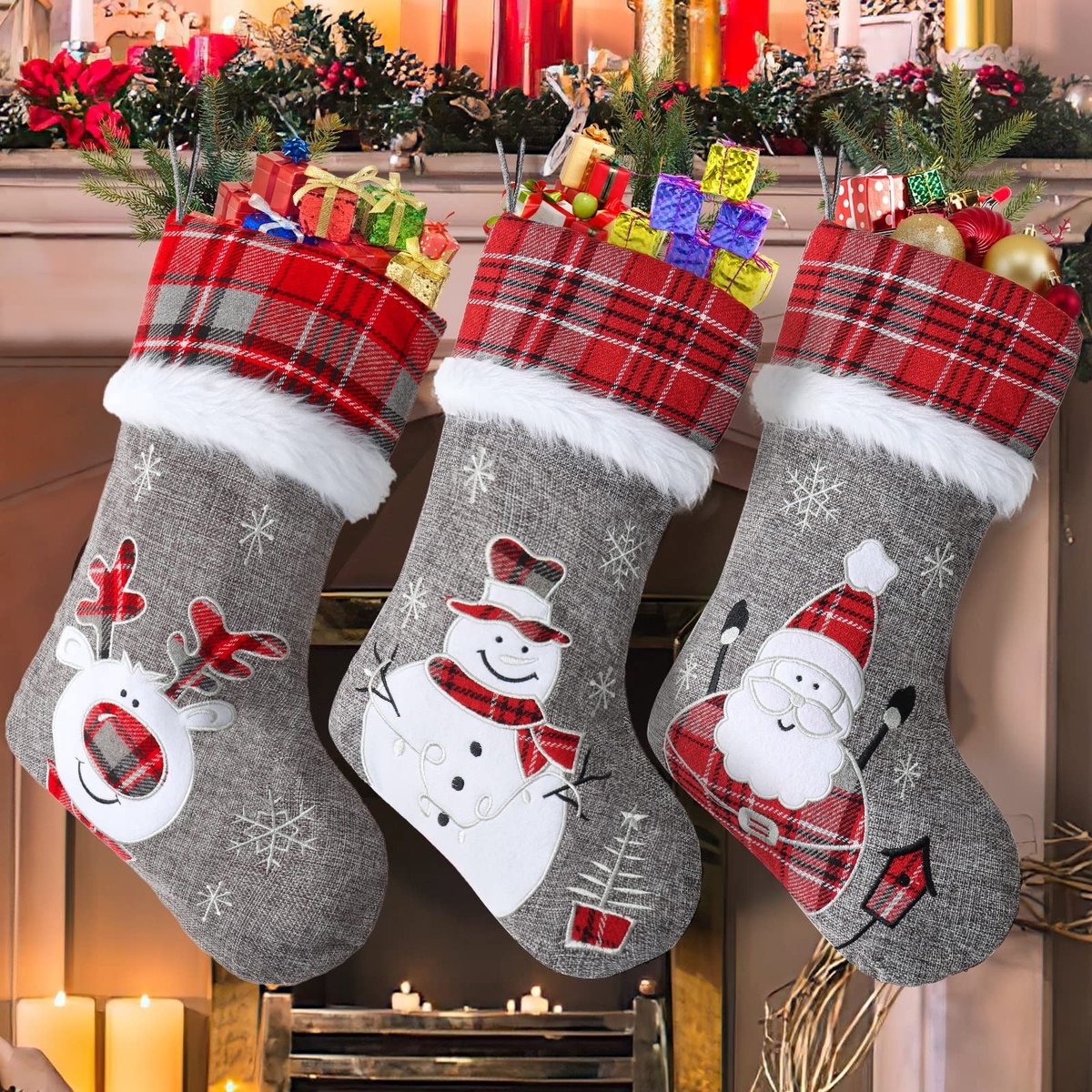 Dailygoods- Kerstkousen set van 3 - Grote geborduurde kerstkousen - 3D-kerstsokken - Duurzaam jute/fluwelen doek - 45,7 cm - Perfect voor open haard
