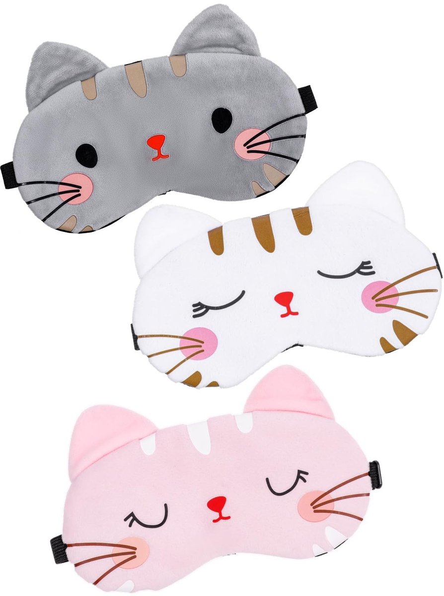 Dailygoods- Oogmasker 3-delig - Slaapoogmasker - Cartoon Kattengezicht - Zacht Pluche - 19x12cm - Geschikt voor Vrouwen/Mannen/Kinderen