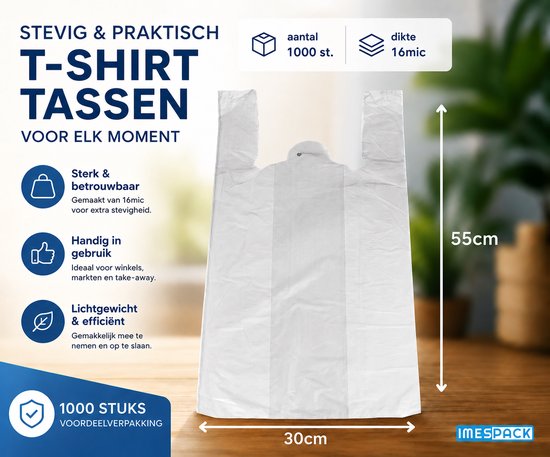 Sac t-shirt blanc de 30x55 cm, 16 microns d'épaisseur, lot de 1000.