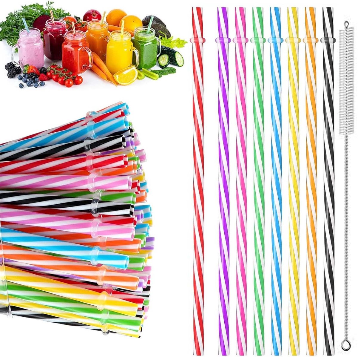 Dailygoods- Rietjes 100 Stuks - Herbruikbaar - Kunststof - Reinigingsborstel - Vaatwasmachinebestendig - Lange Rietjes voor Smoothies - Drinkrietjes