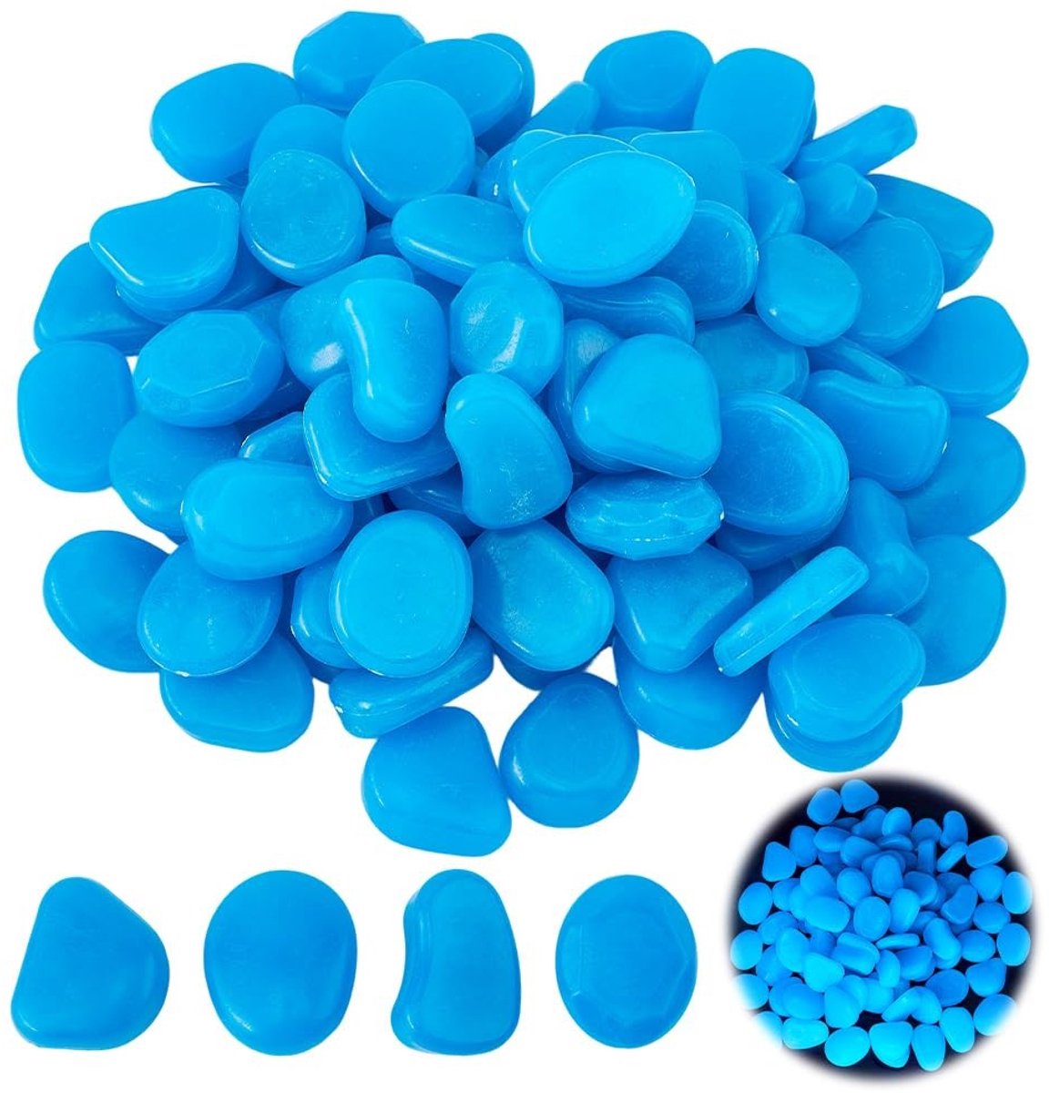 Dailygoods- Gloeiende Kiezels 1,5 kg - Decoratieve Steentjes - Hars Nuggets - Blauw - Voor Tuin/Aquarium - Ca. 100 Stuks - Decoratieve Stenen
