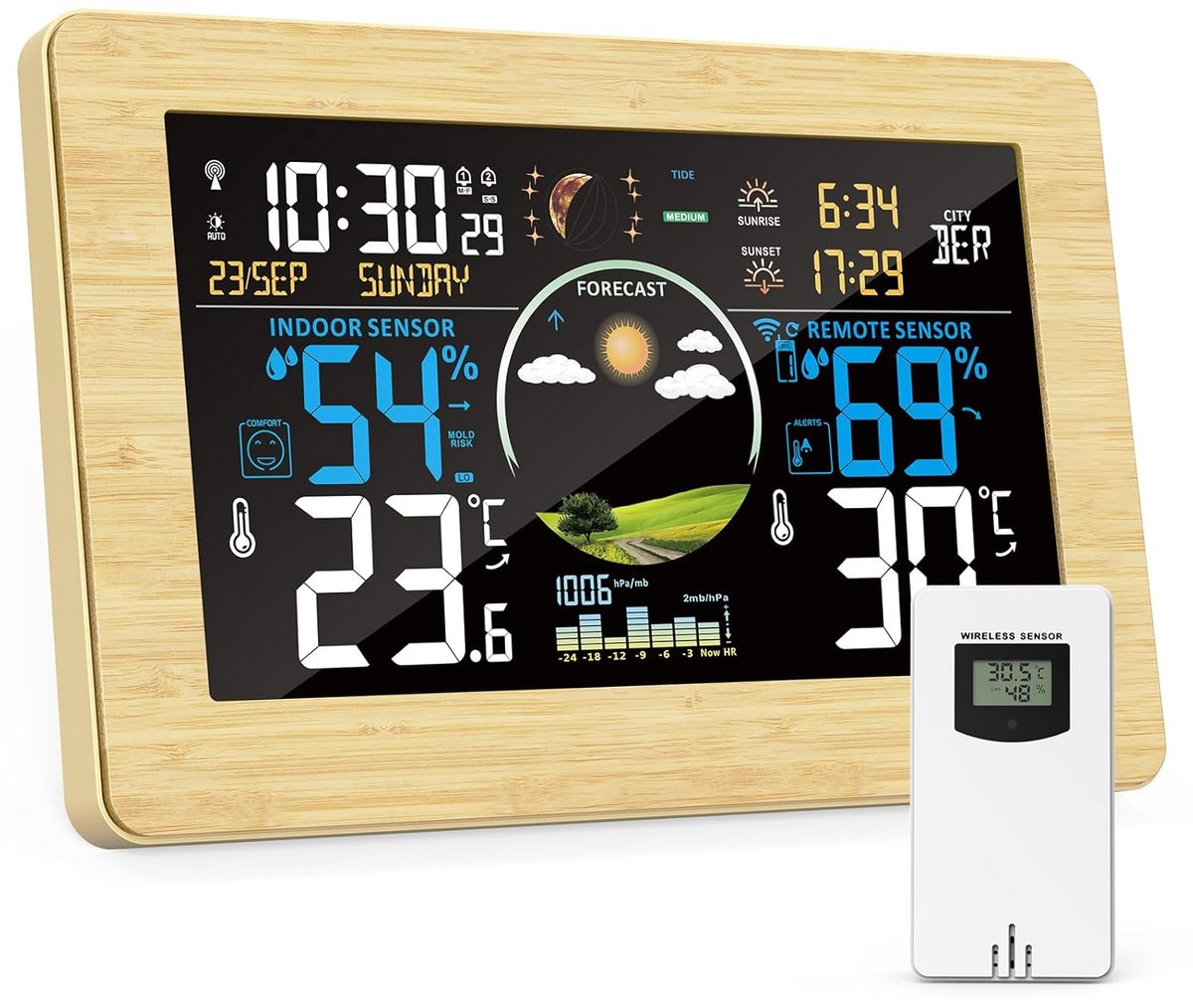 Weerstation Binnen Buiten - Weerdisplay - Weer Voorspellen - 7.5 Inch Kleurendisplay - 4 Zones - Zwart