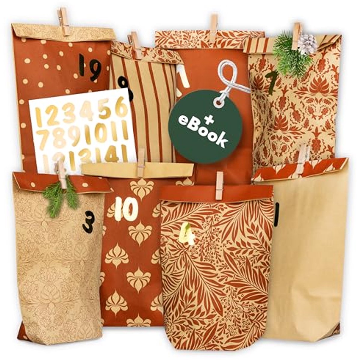 Adventskalender Zakjes - Kerstcadeau Zakjes - Zelf Vullen - Herbruikbaar Stevig Papier - 24 Stuks - Vintage Bruin