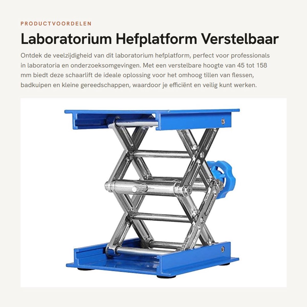 Dailygoods- Hefplatform Aluminium - Verstelbaar - Schaarlift - Hoogte 45-158 mm - Platformgrootte 100 x 100 mm - Maximale belasting 5 kg - Laboratoriumlift