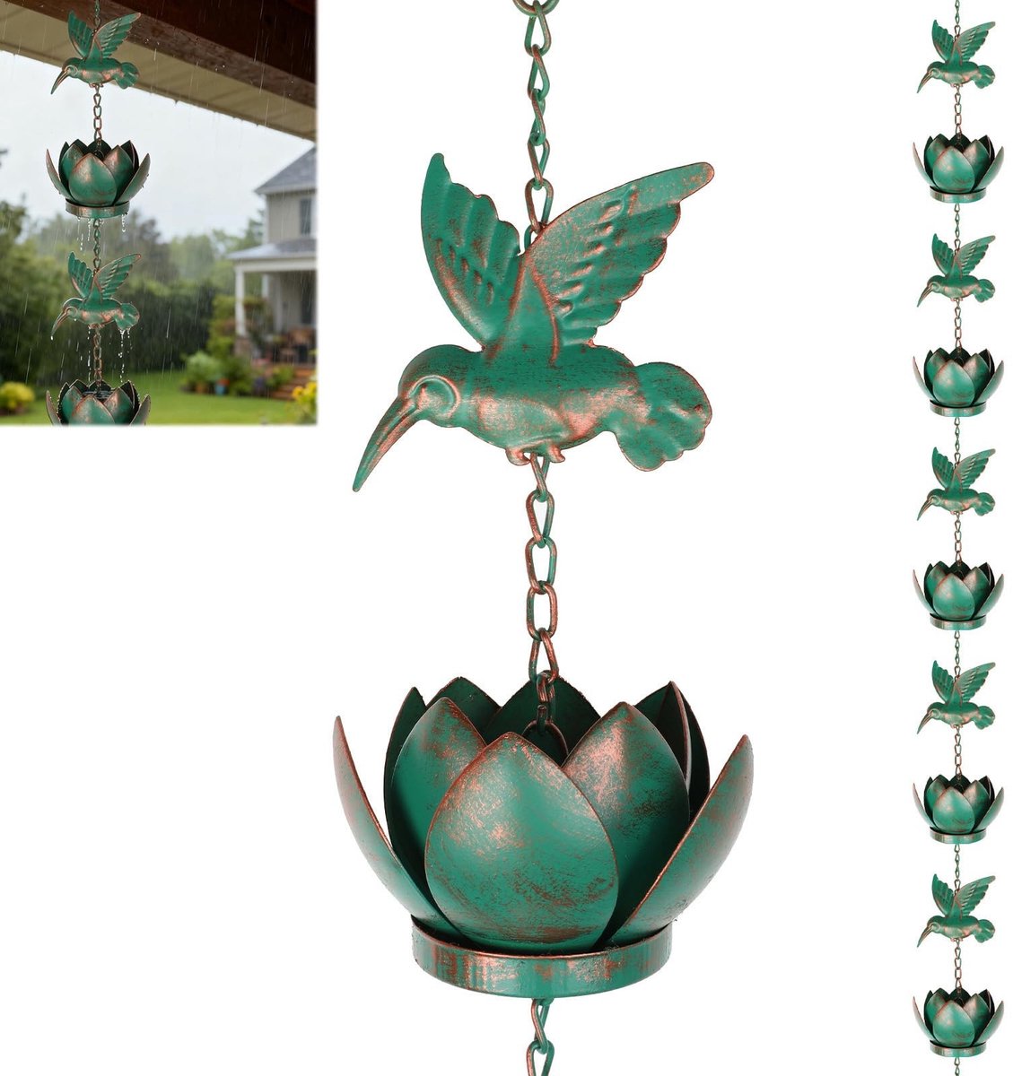 Dailygoods- Regenwaterketting 2,4 m - Kolibrie/Lotus - Hangende Regenketting - Dakgoot Drainage - IJzer - Smaragdgroen - Dakgootketting