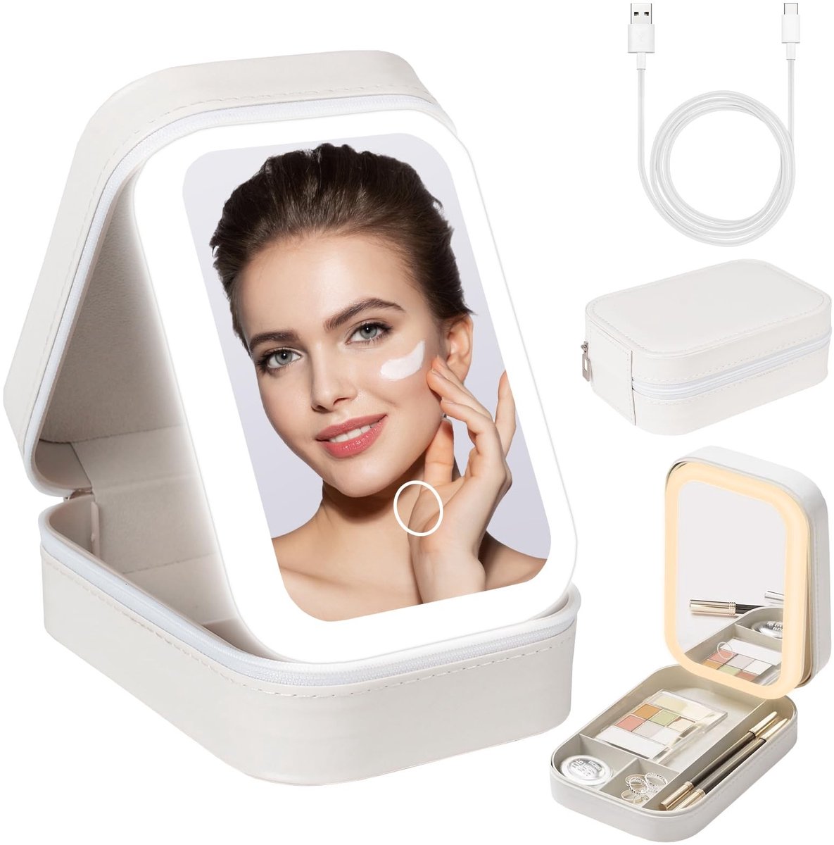 Dailygoods - Geïntegreerde make-up-opbergdoos - Make-up organizer - Elegante LED-spiegel - Wit - Draagbare make-uptas - Perfect voor reizen